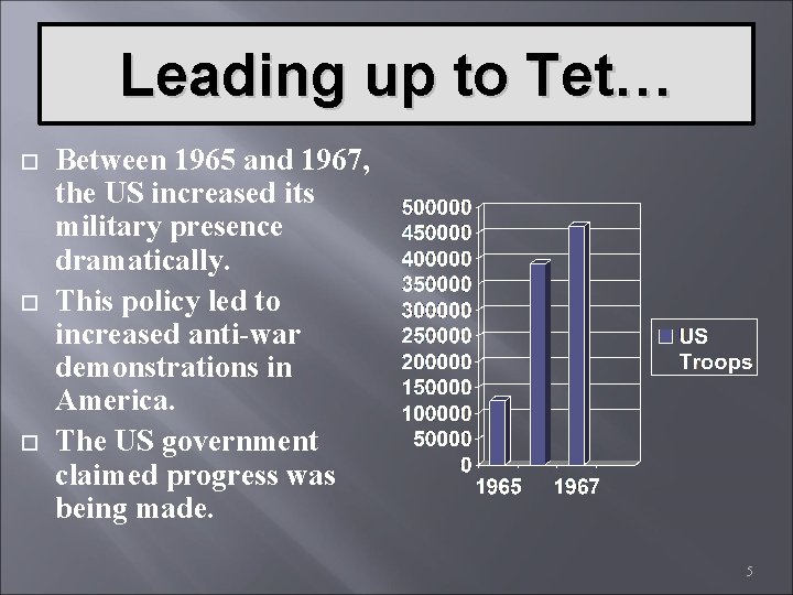 Leading up to Tet… Between 1965 and 1967, the US increased its military presence