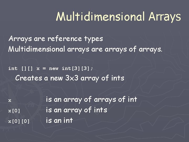 Multidimensional Arrays are reference types Multidimensional arrays are arrays of arrays. int [][] x