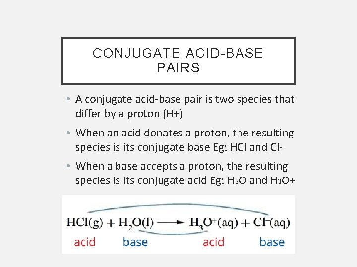 CONJUGATE ACID-BASE PAIRS • A conjugate acid-base pair is two species that differ by