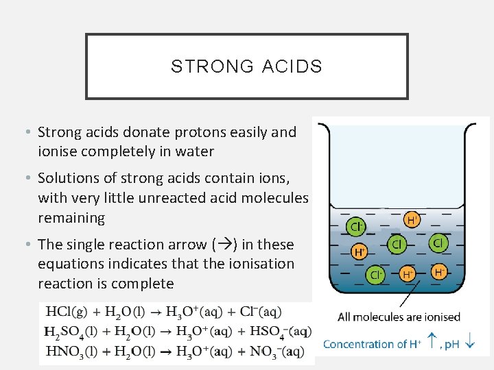STRONG ACIDS • Strong acids donate protons easily and ionise completely in water •
