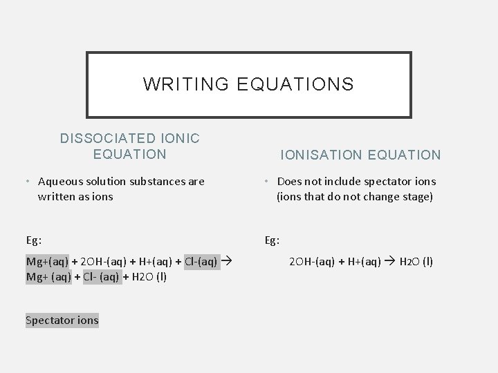 WRITING EQUATIONS DISSOCIATED IONIC EQUATION IONISATION EQUATION • Aqueous solution substances are written as