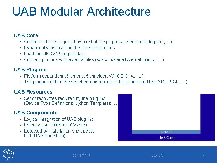 UAB Modular Architecture UAB Core • • Common utilities required by most of the