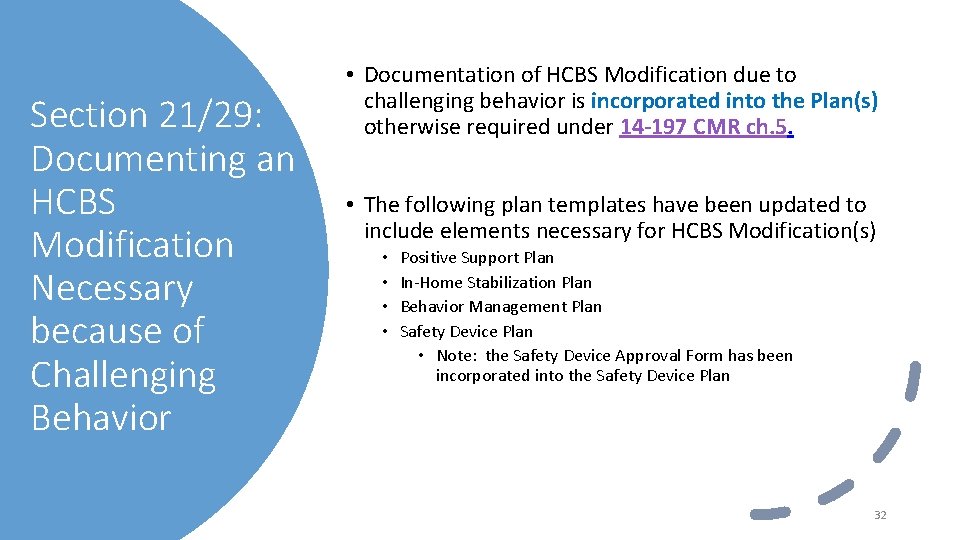 Section 21/29: Documenting an HCBS Modification Necessary because of Challenging Behavior • Documentation of