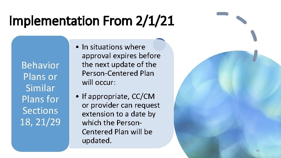 Implementation From 2/1/21 Behavior Plans or Similar Plans for Sections 18, 21/29 • In