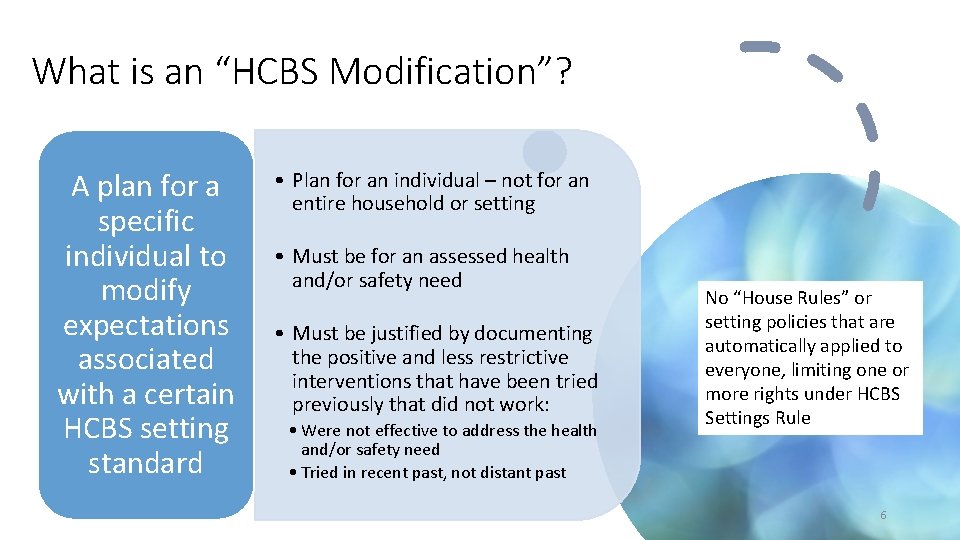 What is an “HCBS Modification”? A plan for a specific individual to modify expectations