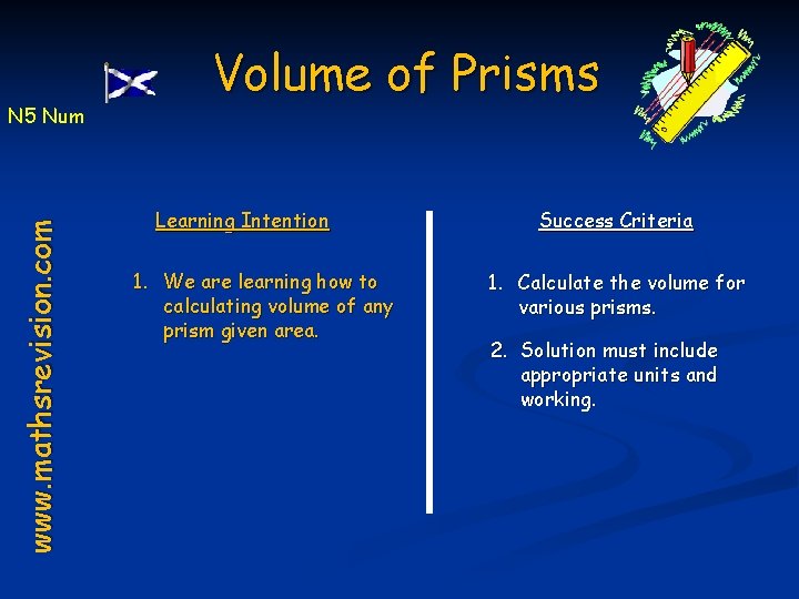 www. mathsrevision. com N 5 Num Volume of Prisms Learning Intention 1. We are