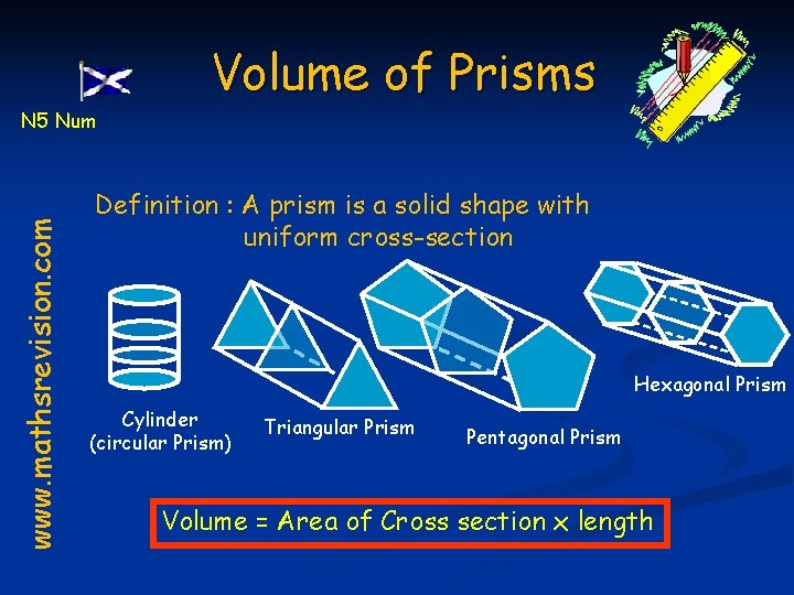 Volume of Prisms www. mathsrevision. com N 5 Num Definition : A prism is