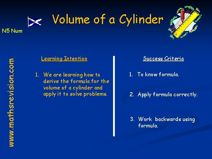 www. mathsrevision. com N 5 Num Volume of a Cylinder Learning Intention 1. We