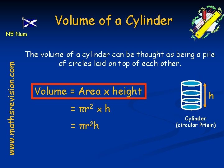 Volume of a Cylinder www. mathsrevision. com N 5 Num The volume of a