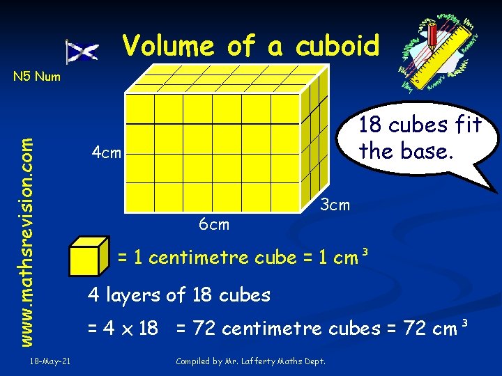 Volume of a cuboid www. mathsrevision. com N 5 Num 18 -May-21 18 cubes