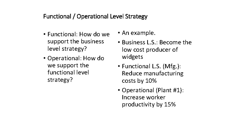 Functional / Operational Level Strategy • Functional: How do we support the business level
