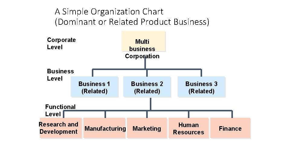 A Simple Organization Chart (Dominant or Related Product Business) Corporate Level Business Level Multi