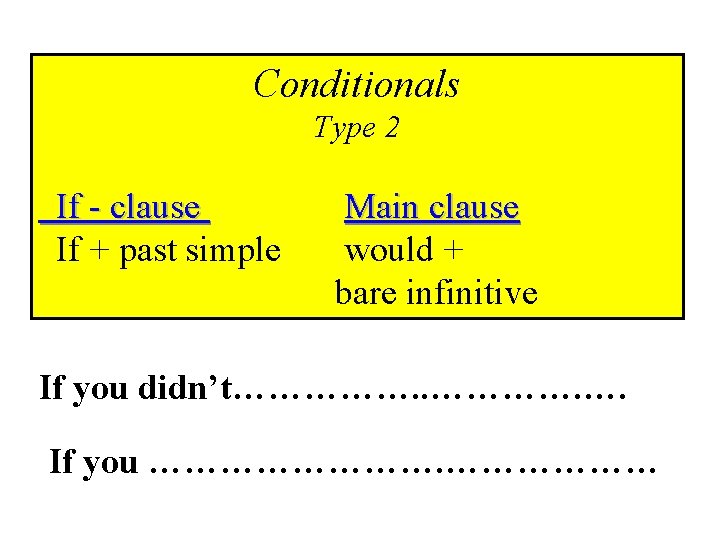 Conditionals Type 2 If - clause If + past simple Main clause would +