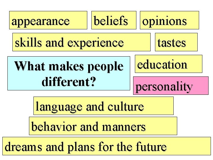 appearance beliefs opinions skills and experience tastes What makes people education different? personality language