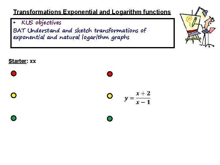 Transformations Exponential and Logarithm functions • KUS objectives BAT Understand sketch transformations of exponential Transformations Exponential and Logarithm functions • KUS objectives BAT Understand sketch transformations of exponential