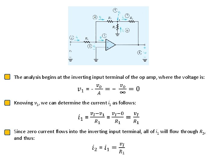 The analysis begins at the inverting input terminal of the op amp, where the