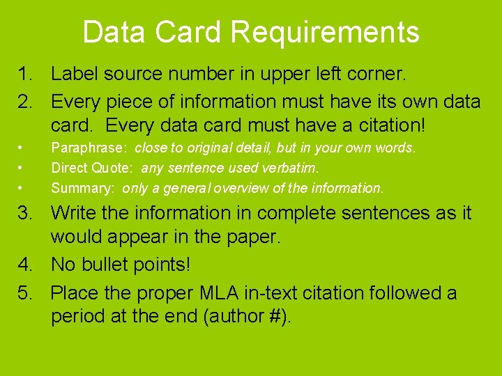 Data Card Requirements 1. Label source number in upper left corner. 2. Every piece Data Card Requirements 1. Label source number in upper left corner. 2. Every piece