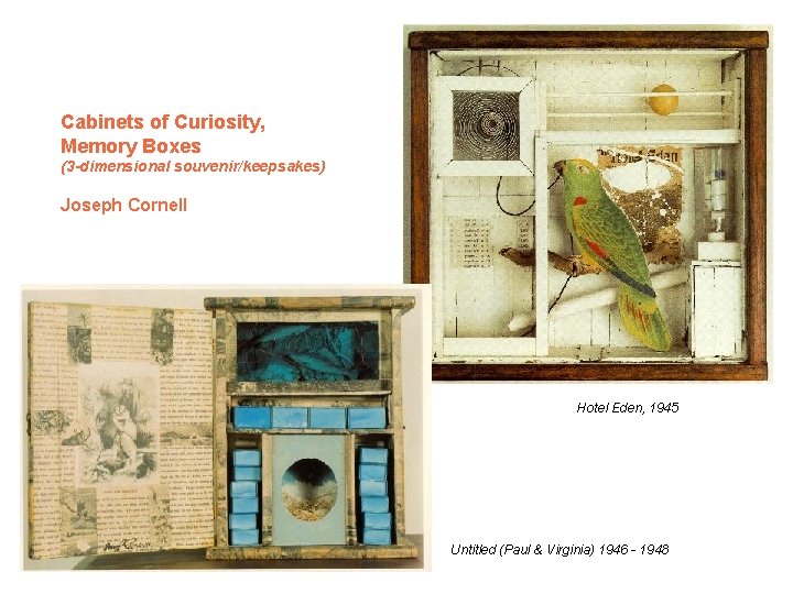 Cabinets of Curiosity, Memory Boxes (3 -dimensional souvenir/keepsakes) Joseph Cornell Hotel Eden, 1945 Untitled