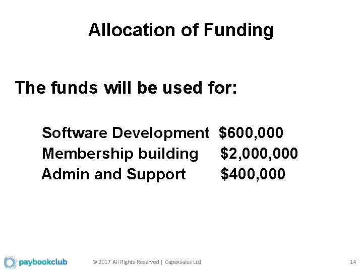 Allocation of Funding The funds will be used for: Software Development $600, 000 Membership