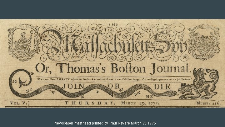 Newspaper masthead printed by Paul Revere March 23, 1775 