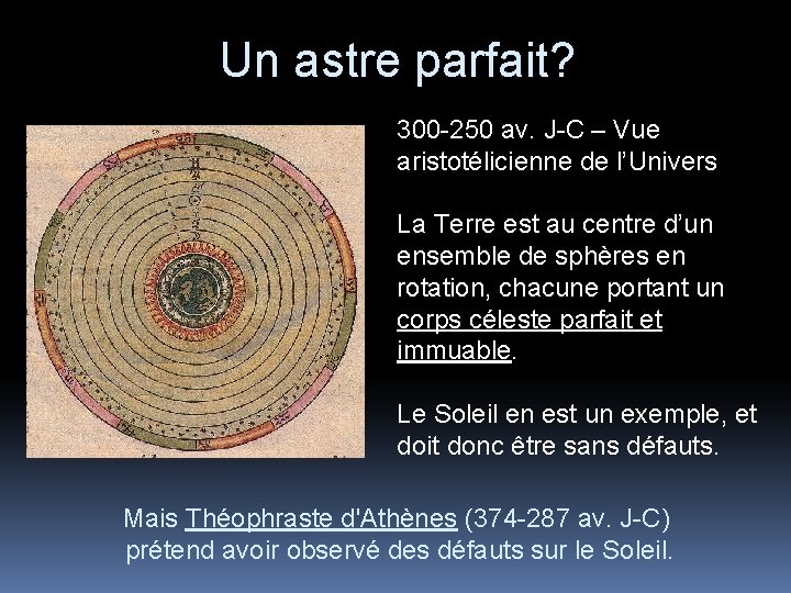 Un astre parfait? 300 -250 av. J-C – Vue aristotélicienne de l’Univers La Terre