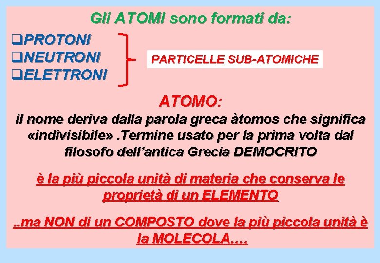 Gli ATOMI sono formati da: q. PROTONI q. NEUTRONI q. ELETTRONI PARTICELLE SUB-ATOMICHE ATOMO: