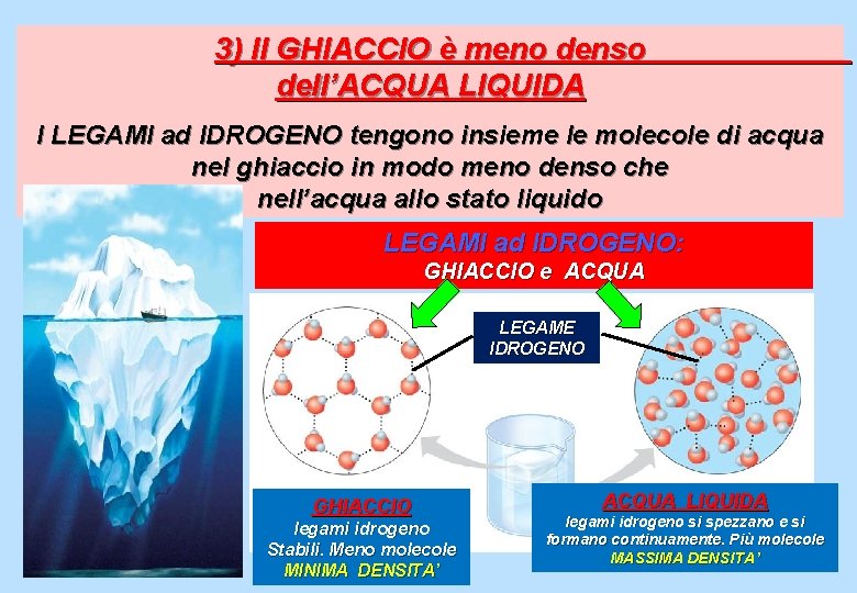 3) Il GHIACCIO è meno denso dell’ACQUA LIQUIDA I LEGAMI ad IDROGENO tengono insieme