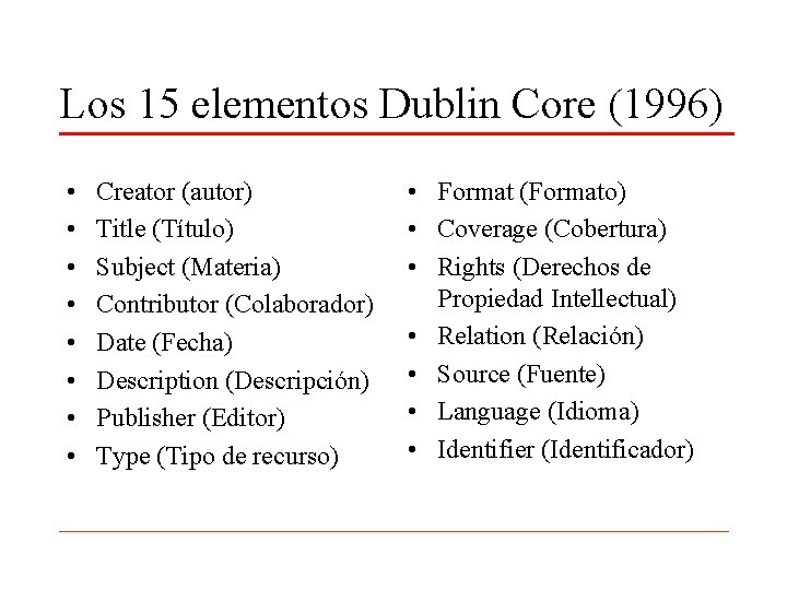 Los 15 elementos Dublin Core (1996) • • Creator (autor) Title (Título) Subject (Materia)