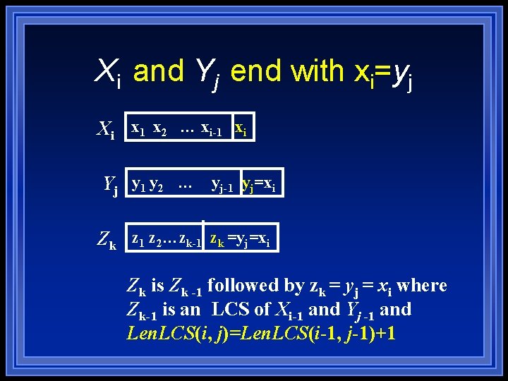Xi and Yj end with xi=yj Xi x 1 x 2 … xi-1 xi