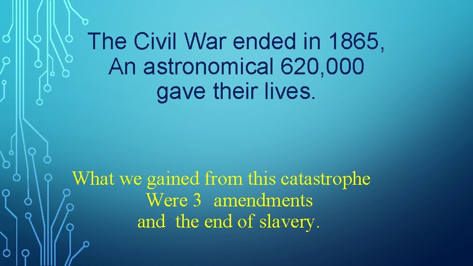 The Civil War ended in 1865, An astronomical 620, 000 gave their lives. What