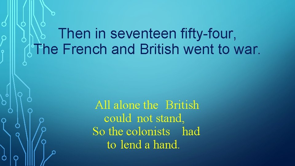 Then in seventeen fifty-four, The French and British went to war. All alone the