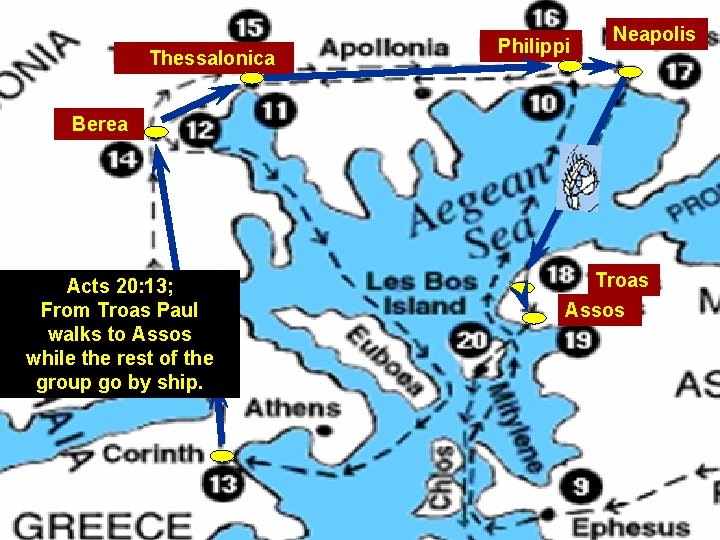 Thessalonica Philippi Neapolis Berea Acts 20: 13; From Troas Paul walks to Assos while