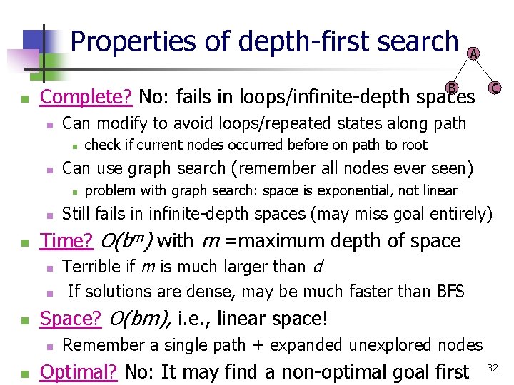 Properties of depth-first search n B Complete? No: fails in loops/infinite-depth spaces n n