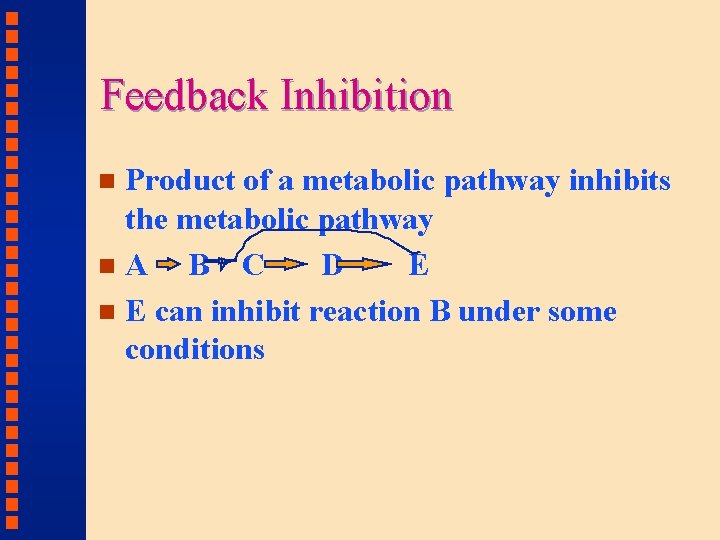 Feedback Inhibition Product of a metabolic pathway inhibits the metabolic pathway n. A B
