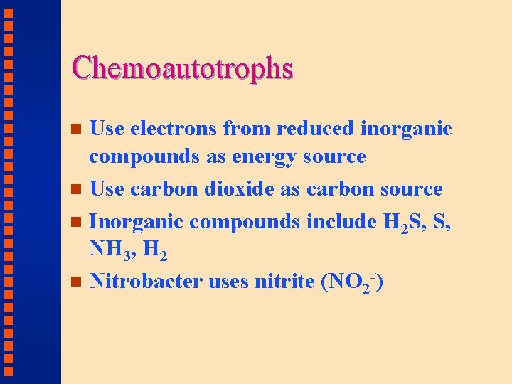 Chemoautotrophs Use electrons from reduced inorganic compounds as energy source n Use carbon dioxide