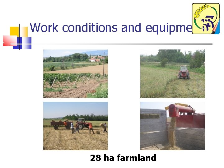 Work conditions and equipment 28 ha farmland 