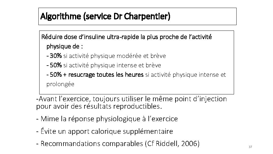 Algorithme (service Dr Charpentier) Réduire dose d’insuline ultra-rapide la plus proche de l’activité physique