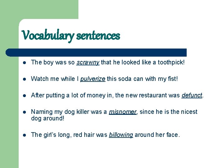 Vocabulary sentences l The boy was so scrawny that he looked like a toothpick!