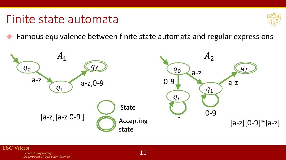 Finite state automata Famous equivalence between finite state automata and regular expressions a-z USC