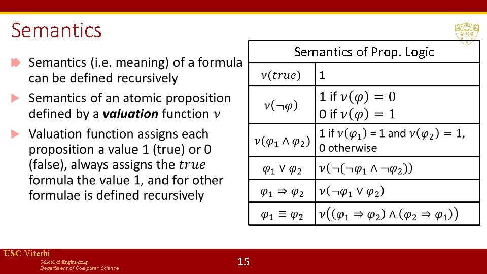 Semantics of Prop. Logic 1 USC Viterbi School of Engineering Department of Computer Science
