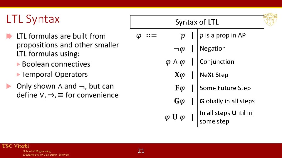 LTL Syntax of LTL | | Negation | Conjunction | Ne. Xt Step |