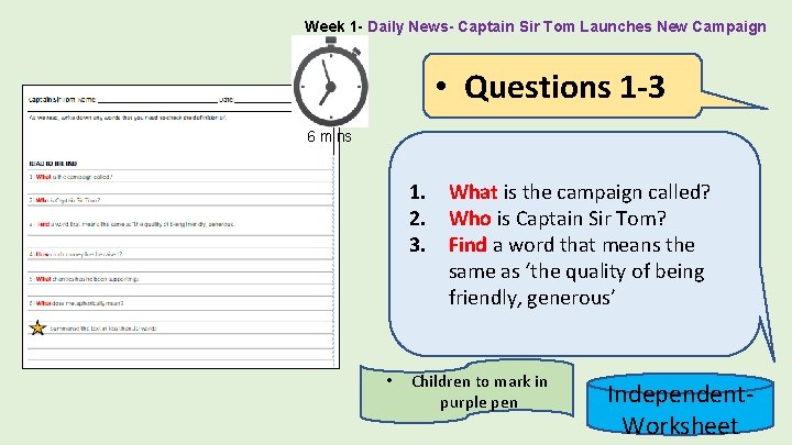 Week 1 - Daily News- Captain Sir Tom Launches New Campaign • Questions 1