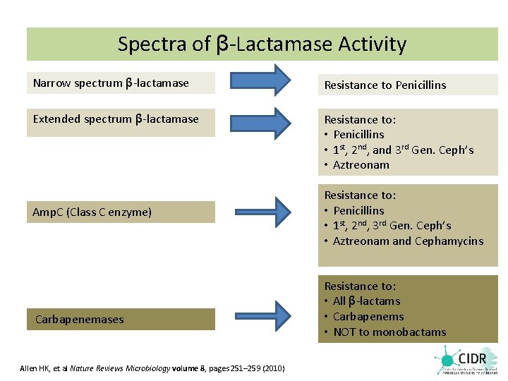 Spectra of β-Lactamase Activity Narrow spectrum β-lactamase Resistance to Penicillins Extended spectrum β-lactamase Resistance