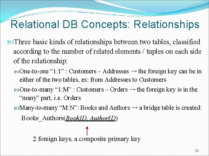 Relational DB Concepts: Relationships Three basic kinds of relationships between two tables, classified according