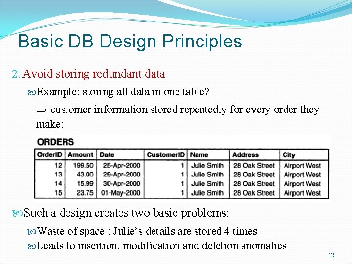 Basic DB Design Principles 2. Avoid storing redundant data Example: storing all data in