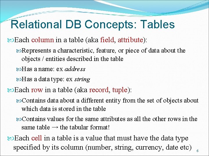 Relational DB Concepts: Tables Each column in a table (aka field, attribute): Represents a