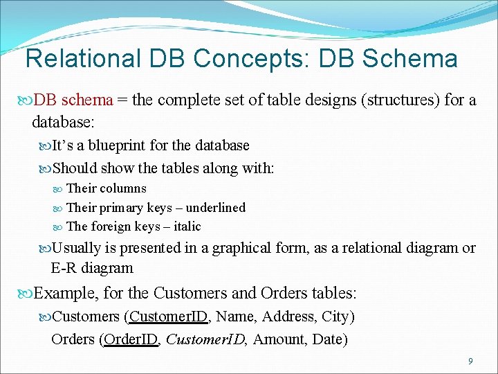 Relational DB Concepts: DB Schema DB schema = the complete set of table designs
