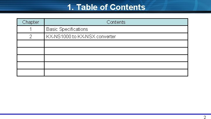 1. Table of Contents Chapter Contents 1 Basic Specifications 2 KX-NS 1000 to KX-NSX