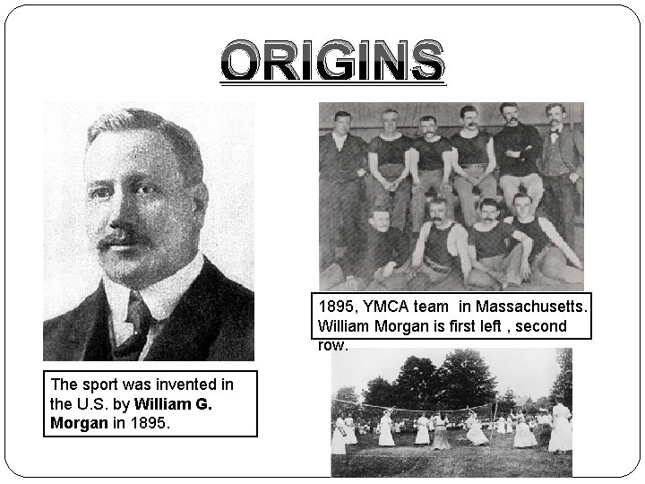 ORIGINS 1895, YMCA team in Massachusetts. William Morgan is first left , second row.