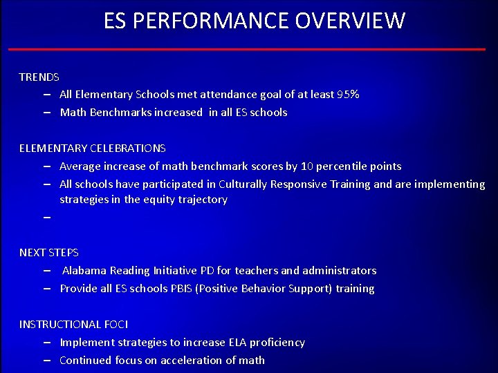ES PERFORMANCE OVERVIEW TRENDS – All Elementary Schools met attendance goal of at least
